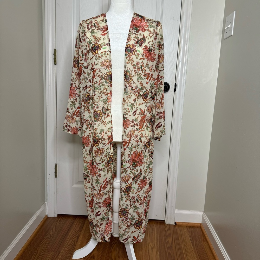 RD & Koko Sheer Long Kimono Open Front Boho Floral‎ Cardigan Sheer Longline Sz S